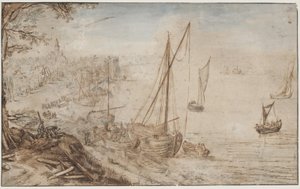Flusslandschaft. Im Vordergrund ein beladenes Boot und Männer, die Planken zuschneiden von Jan Brueghel d.Æ.
