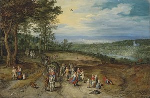 Weitläufige bewaldete Landschaft mit Reisenden auf einem Weg und tanzenden Bauern im Vordergrund von Jan Brueghel the Elder