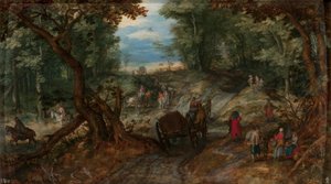 Wald mit Wagen, die einen Bach überqueren, und Reitern von Jan Brueghel the Elder