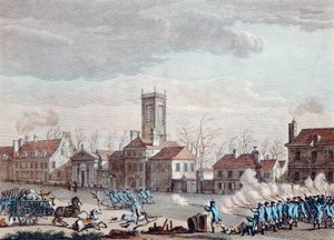 Schlacht vor der Eglise de la Chapelle, Paris, zwischen den Wächtern der Barrieren der Fermiers Generaux und den Revolutionären am 24. Januar 1791, ca. 1795