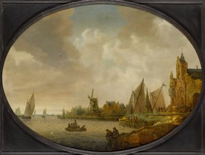 Flusslandschaft mit Windmühle, Hafenbau und Segelschiffen