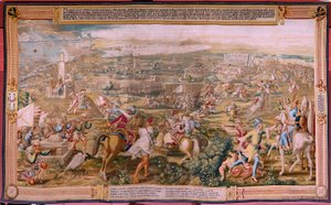 Flämischer Wandteppich. Serie Die Eroberung von Tunis. Der Angriff auf La Goleta. Vierter Wandteppich der Serie. Modell Jan Vermeyen und Pieter Coecke van Aelst. 1543-1548. Herstellung Real Fábrica de Tapices de Santa Bárbara, Madrid von Jan Cornelisz Vermeyen