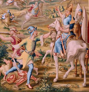 Flämischer Wandteppich. Serie Die Eroberung von Tunis. Der Angriff auf La Goleta. Vierter Wandteppich der Serie. Modell Jan Vermeyen und Pieter Coecke van Aelst. 1543-1548. Herstellung Real Fábrica de Tapices de Santa Bárbara, Madrid. von Jan Cornelisz Vermeyen