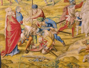 Flämischer Wandteppich. Serie Die Eroberung von Tunis: Die Einnahme von Tunis. Zeichner Jan Cornelisz Vermeyen. Atelier Willem de Pannemaker, Brüssel. Ca. 1545. (Detail)