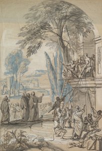 Benedikt von Nursia befiehlt die Zerstörung des Apollo-Tempels in Monte Cassino, Mitte 17. bis frühes 18. Jahrhundert von Jan Erasmus Quellinus
