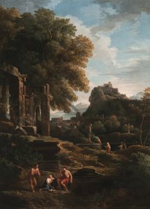 Eine klassische Landschaft mit Figuren im Vordergrund, Ruinen links und eine Figur in der Mitte, die ein Opfer darbringt von Jan Frans van Bloemen