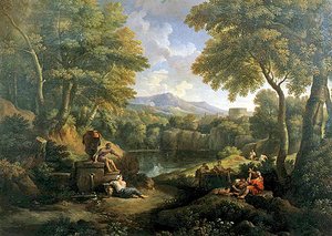 Landschaft mit Figuren an einem Brunnen