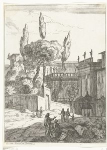 Italianisierende Landschaft mit antiken Gebäuden und Figuren