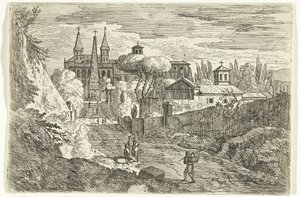 Italianisierende Landschaft mit Reisenden bei Stadtmauern von Jan Frans van Bloemen