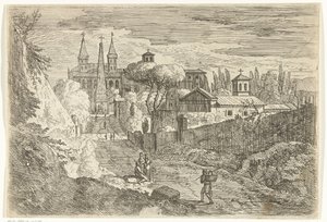 Italianisierende Landschaft mit Reisenden bei Stadtmauern von Jan Frans van Bloemen