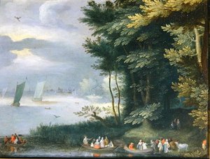 Ufer eines Sees mit Figuren, die in Ruderboote einsteigen von Jan Frans van Bredael