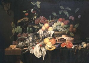 Stillleben mit Zinnkrug, Hackfleischpastete und Obst von Jan Frans van Son