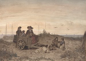 Eine Fischerfamilie am Strand, die Mutter und eines der Kinder sitzen in einem Wagen, 1855 von Jan Gerard Smits