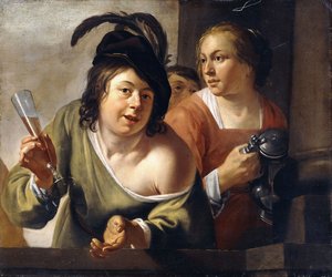 Ein junger Trinker und eine Dienerin trinken auf einem Balkon von Jan Gerritsz. van Bronckhorst