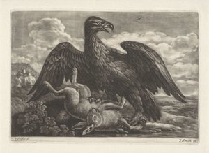 Ein Adler steht auf einem Hasen