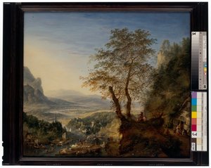 Eine weite Flusslandschaft mit vertäuten Booten, Figurengruppen und einer marschierenden Armee von Jan Griffier