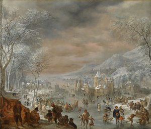 Winterlandschaft mit Schlittschuhläufern, Kirche und Dorf am Ufer eines Flusses von Jan Griffier