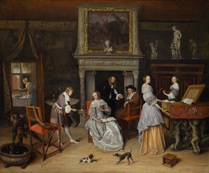 Phantasie-Interieur mit Jan Steen und der Familie von Gerrit Schouten, ca. 1659-60 von Jan Havicksz. Steen