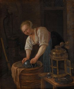 Frau beim Scheuern von Metallwaren von Jan Havicksz. Steen