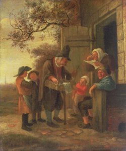 Ein Hausierer verkauft Brillen vor einer Hütte, ca. 1650-53 von Jan Havickszoon Steen