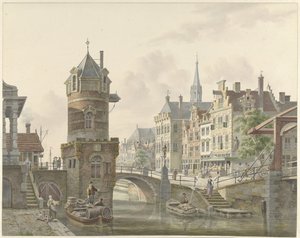 Kanal in einer Stadt mit einem Türmchen bei einer Steinbrücke von Jan Hendrik Verheijen