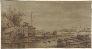Ansicht eines Kanals mit Bauernhof und liegendem Boot von Jan Hulswit (possibly)