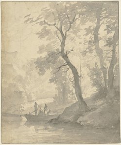 Bäume an einem Wasser mit einem Boot und Insassen von Jan Hulswit