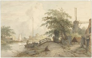 Landschaft mit Brücke und Haus an einem Weg entlang eines Wassers von Jan Hulswit