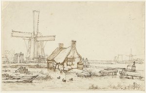Landschaft mit Häusern und Windmühle