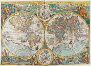 Itinerarium. Weltkarte mit Kostümen, Einheimischen, Schiffen, Pflanzen und Tieren von Jan Huygen van Linschoten