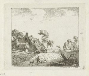 Landschaft mit Hirte und Schafen bei zwei Bauernhöfen von Jan Izaak van Mansvelt