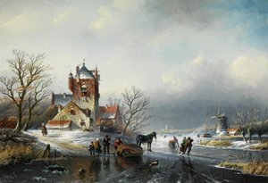 Jan Jacob Spohler Winterlandschaft mit Windmühle und Eisläufern