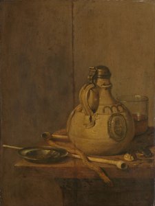 Stillleben mit Steingutkrug und Pfeifen von Jan Jansz. Treck