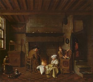 Innenraumszene, neben dem Kamin