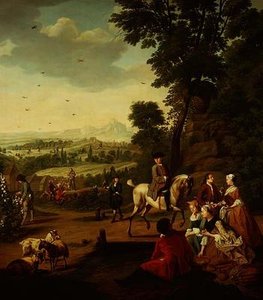 Eine elegante Falkenjagdgesellschaft ruht in einem Park von Jan Josef the Younger Horemans