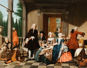 Porträt einer Familie beim Essen auf einer Veranda, ein formaler Garten dahinter, 1747