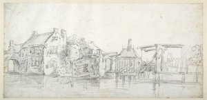 Ein Kanal mit Gebäuden, darunter ein Zollhaus und eine Zollbrücke, um 1650 von Jan Josefsz. van (circle of) Goyen