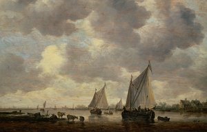 Ein Kanal in Holland oder zwei große Segelschiffe und Vieh in der Nähe eines Flusses von Jan Josephsz van Goyen