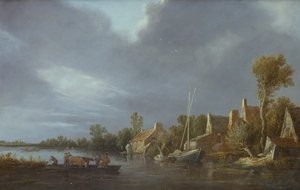 Ein Dorf an einem Fluss mit Bauern und Vieh auf einer Fähre von Jan Josephsz van Goyen
