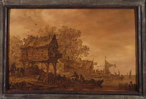 Ein Dorf am Flussufer mit Bauern in einem Boot bei einem Taubenschlag, 1651 von Jan Josephsz van Goyen