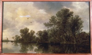 Eine bewaldete Flusslandschaft mit Bauern in einem Ruderboot bei einem Cottage und einer Fähre, ein Segelboot in der Ferne, 1633 von Jan Josephsz van Goyen