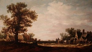 Dorfszene mit Pferden und Wagen