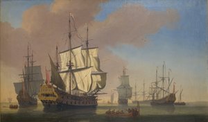 Englische Kriegsschiffe in einer Reede bei ruhigem Wetter von Jan Karel Donatus van Beecq