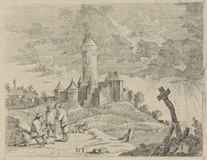 Landschaft mit Schloss und drei Männern von Jan Lauwryn Krafft (I) (possibly)