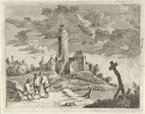 Landschaft mit Schloss und drei Männern von Jan Lauwryn Krafft (I) (possibly)