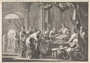 Versammlung der 72 Übersetzer des Gesetzes auf Befehl von König Ptolemäus Philadelphus von Jan Luyken