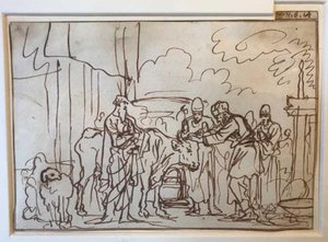 Der Stier wird für das Sündopfer dargebracht, Aaron und seine Söhne legen ihre Hände auf seinen Kopf (Lev. 8,14) von Jan Luyken