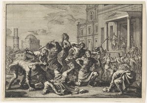 Herodes lässt seinen Barbier Tryfon, Tyro und dessen Sohn wegen Verdachts auf Verrat steinigen von Jan Luyken