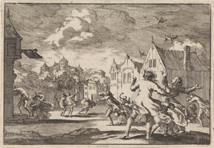 Dorfbewohner bei Schloss Luchow in Lüneburg werden von einem Wirbelsturm überrascht, bei dem die Vögel tot vom Himmel fallen, 1671