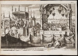 Die große Wasserweihe in Moskau (Russland) (jährliche religiöse Zeremonie mit Prozession) - Werk von Jan (Johannes) Luyken (1649-1712), Gravur (20,1x30 cm)